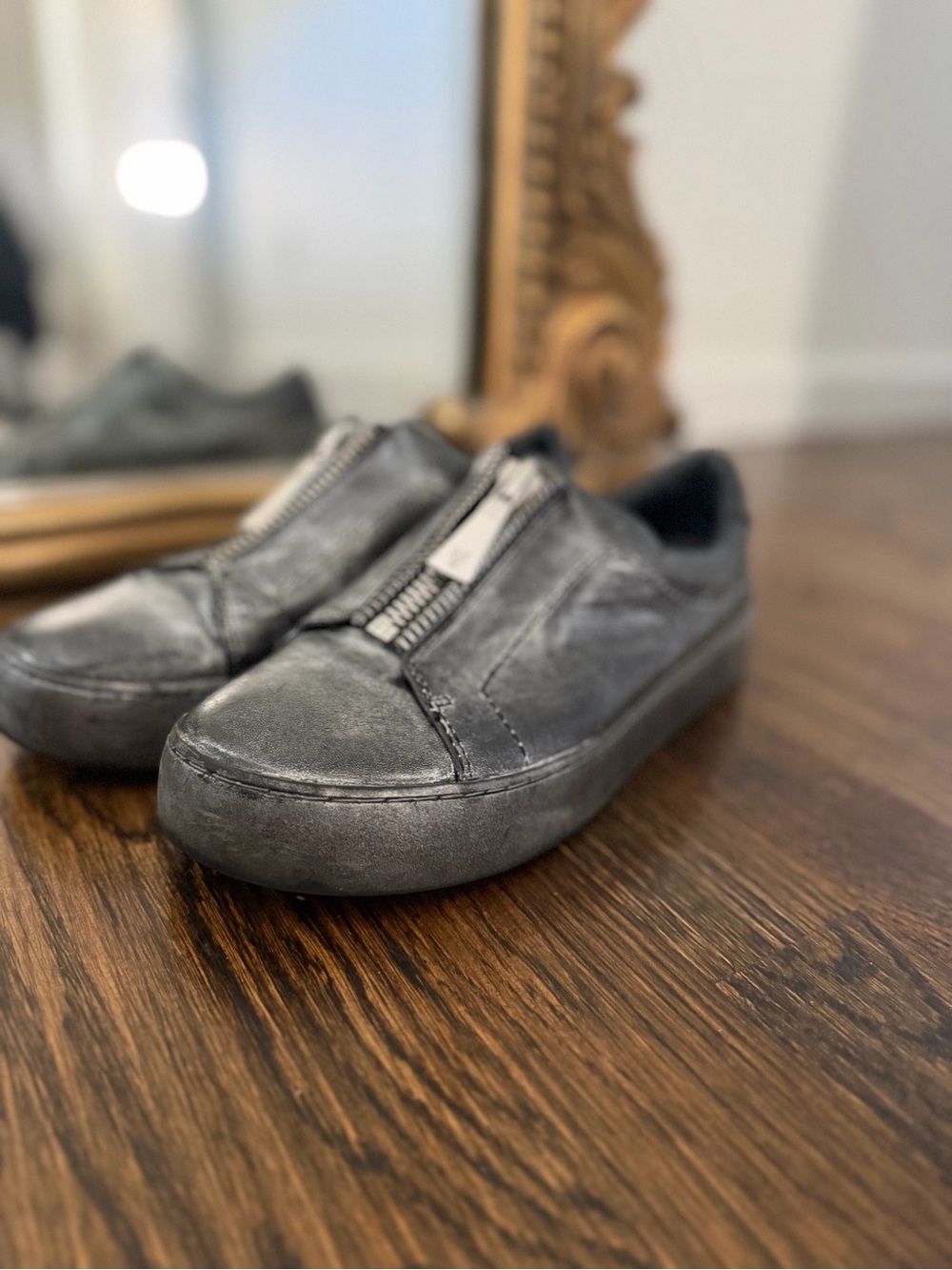 Frye Womens Lena Rebel Zip Low Leather Metallic Pewter Sneakers